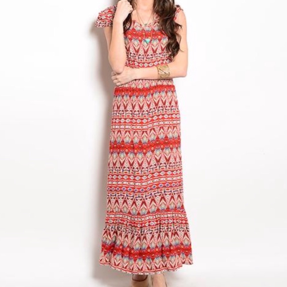 Red Orange Printed Maxi Dress - Picture 2 of 3
